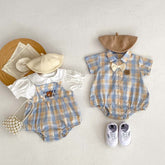 Baby Short Sleeve Two-piece Thin Bear Plaid Romper Climbing Clothing